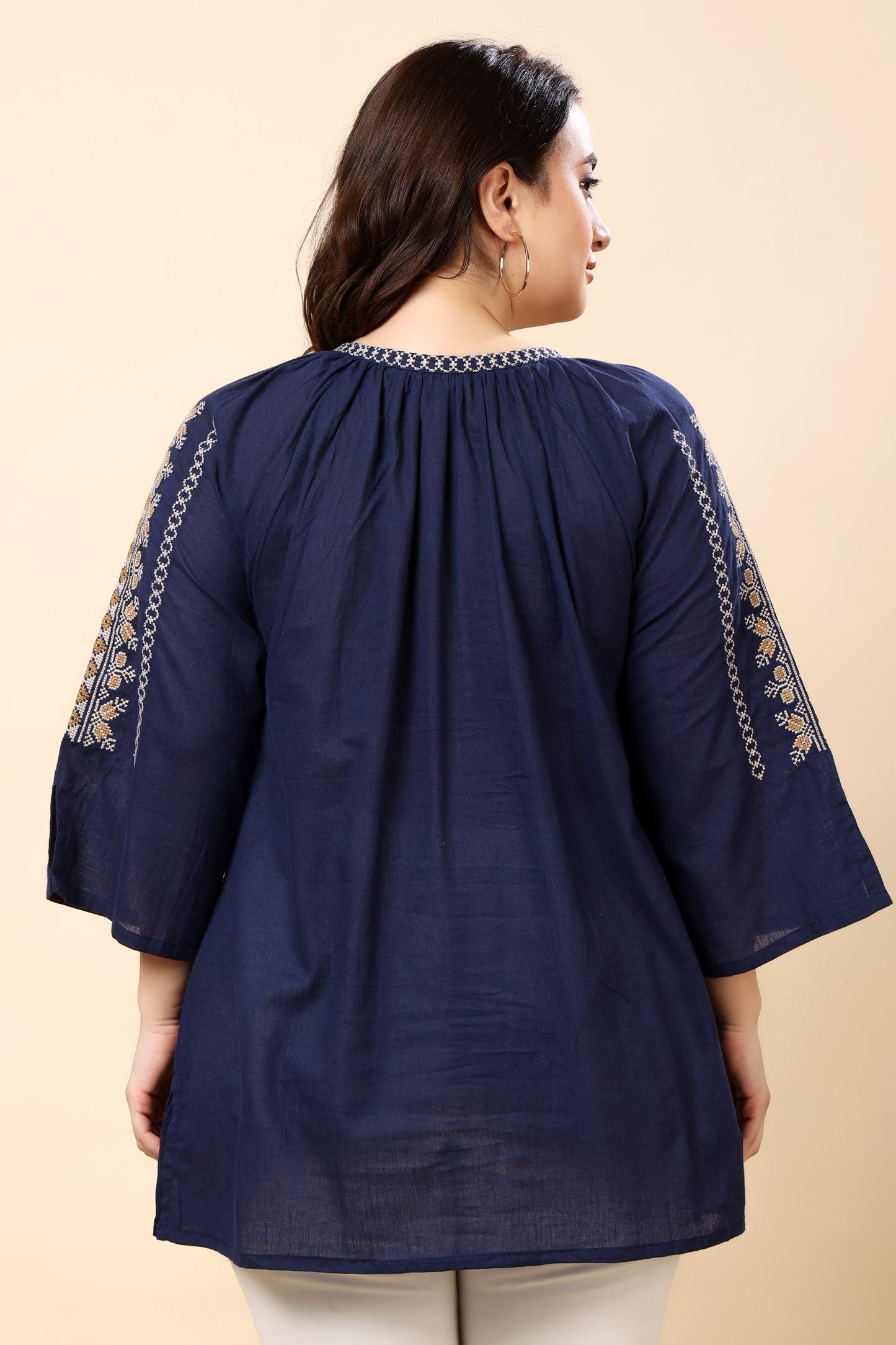 Navy Embroidered 3/4 Sleeve Top for Women (Sizes S to 6XL)