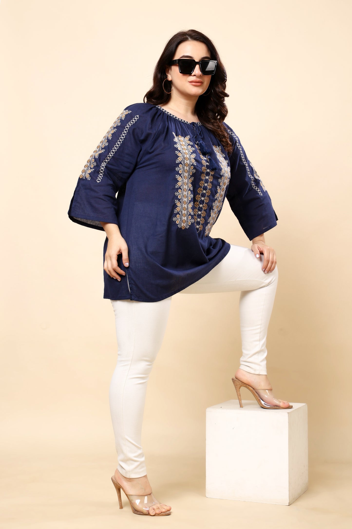 Navy Embroidered 3/4 Sleeve Top for Women (Sizes S to 6XL)