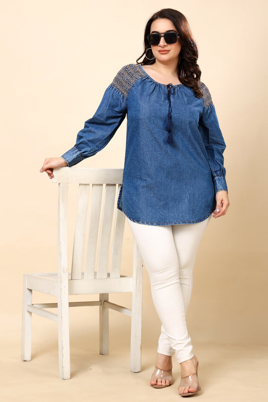 Navy White Embroidered Kaftan Top for Women (Sizes S to 6XL)