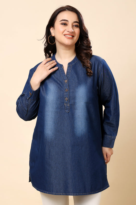 Denim Blue Button Placket Tunic Top for Women (Sizes S to 6XL)