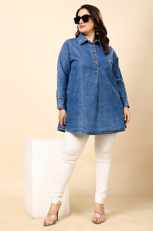 Washed Denim Crinkle Shirt Tunic for Women (Sizes S to 6XL)