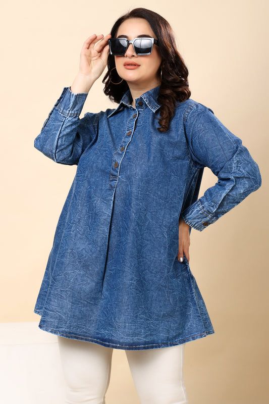 Washed Denim Crinkle Shirt Tunic for Women (Sizes S to 6XL)