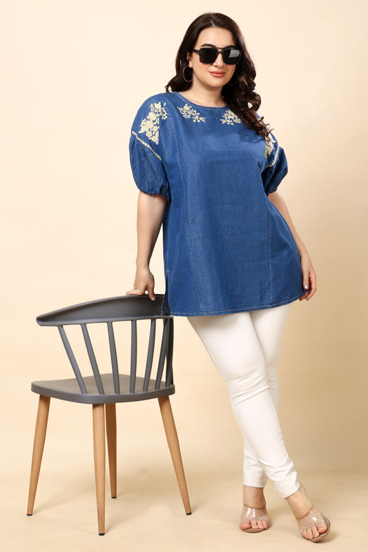Embroidered Denim Puff Sleeve Top for Women (Sizes S to 6XL)