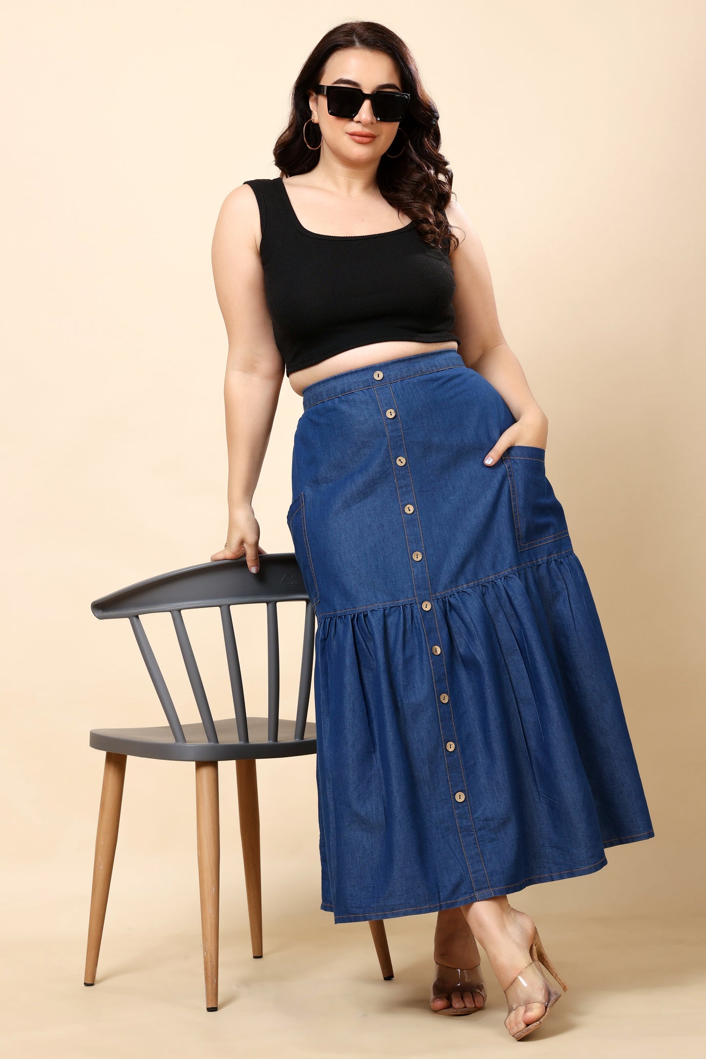 Denim Button-Front Maxi Skirt with Pockets (Sizes S to 6XL)