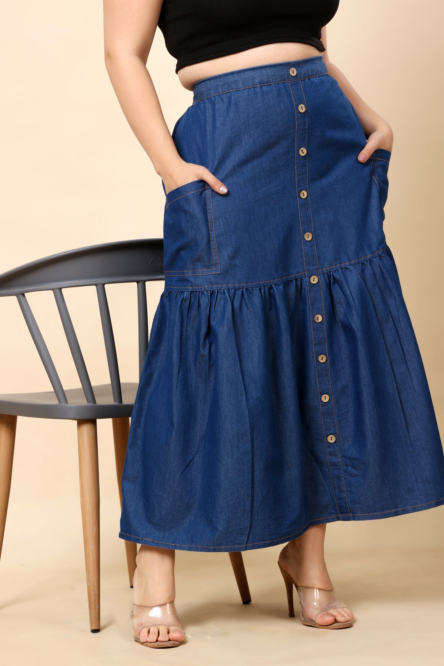 Denim Button-Front Maxi Skirt with Pockets (Sizes S to 6XL)