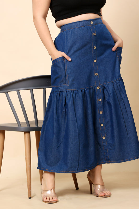 Denim Button-Front Maxi Skirt with Pockets (Sizes S to 6XL)