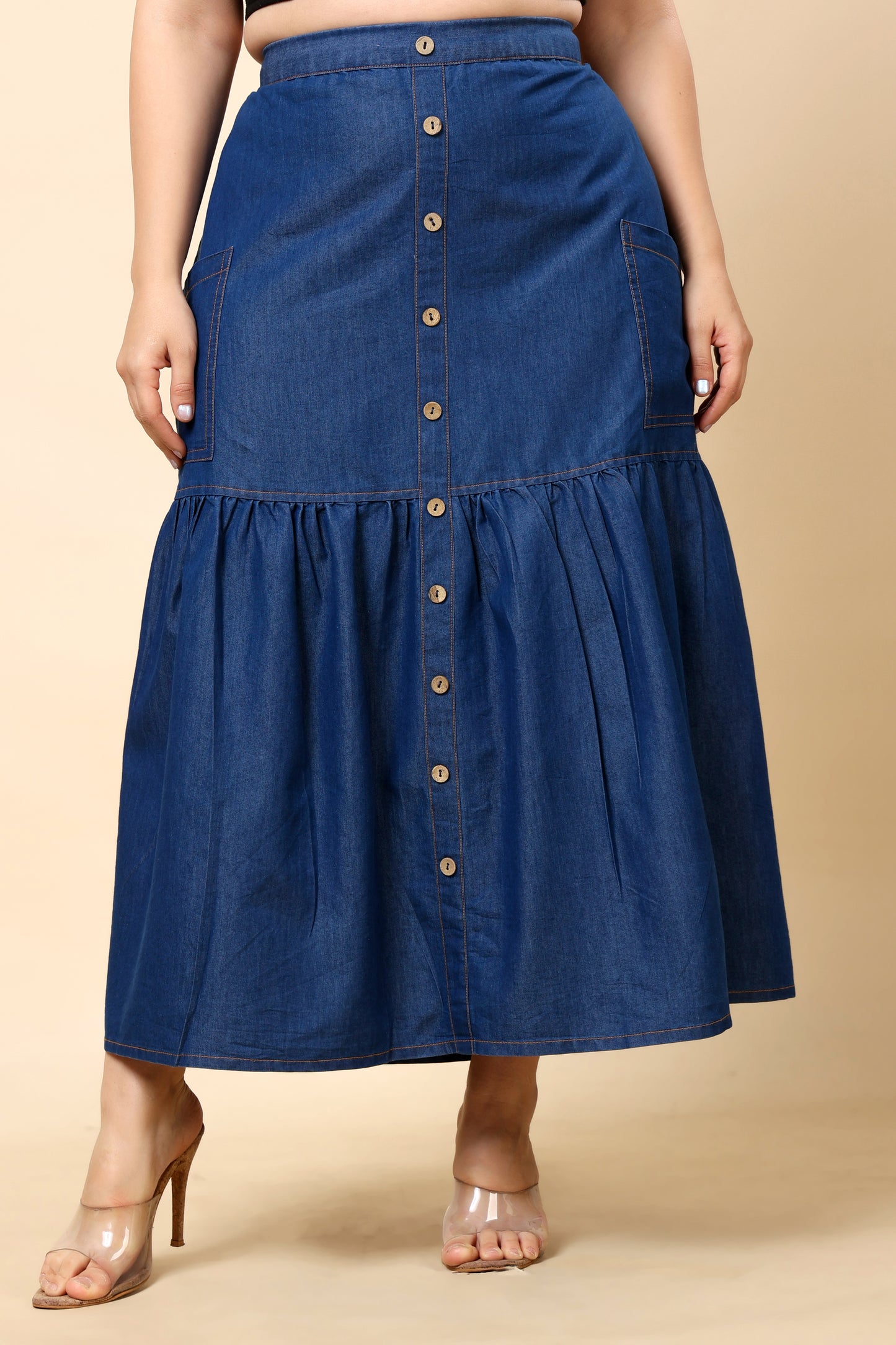 Denim Button-Front Maxi Skirt with Pockets (Sizes S to 6XL)