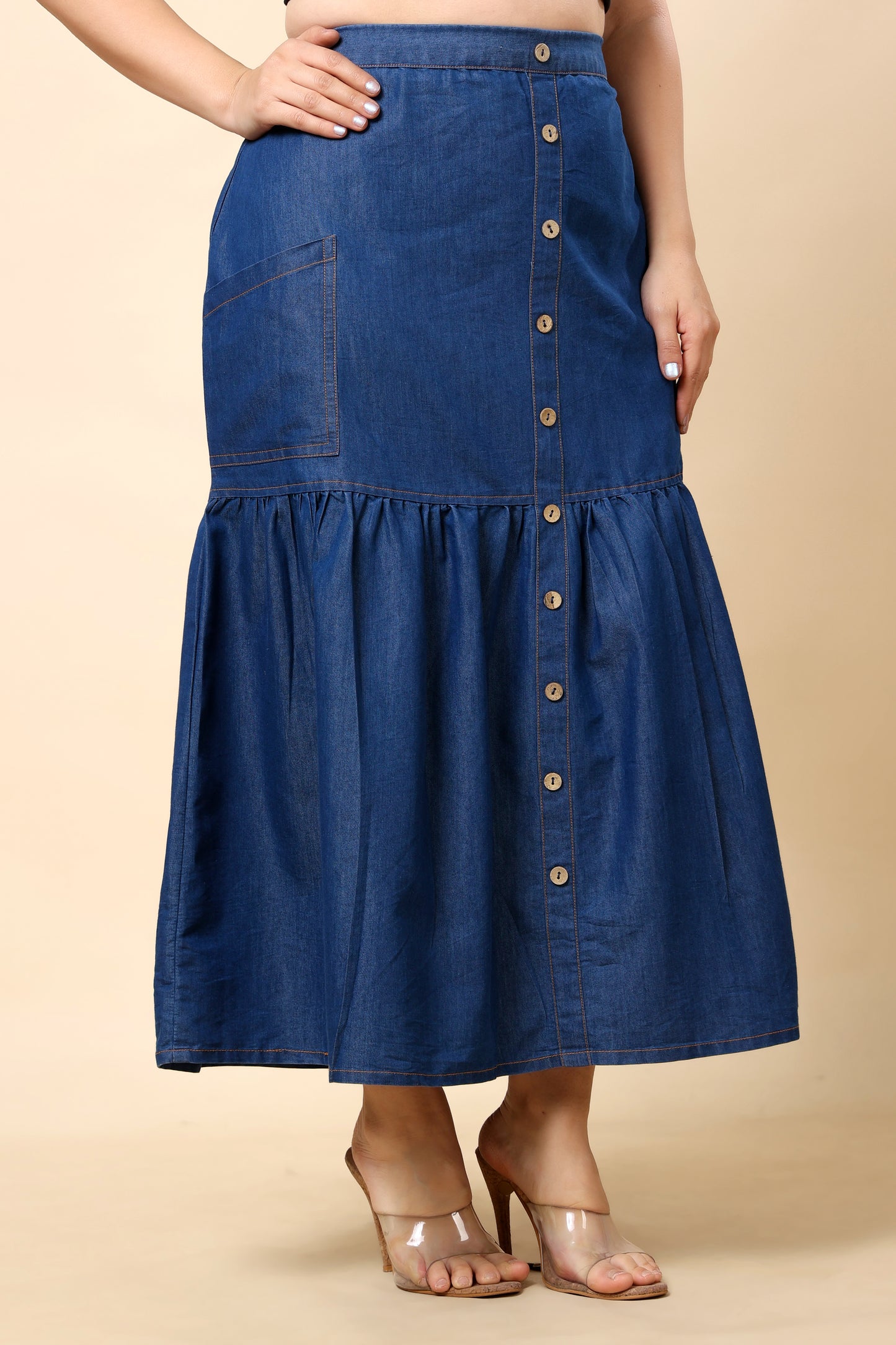 Denim Button-Front Maxi Skirt with Pockets (Sizes S to 6XL)