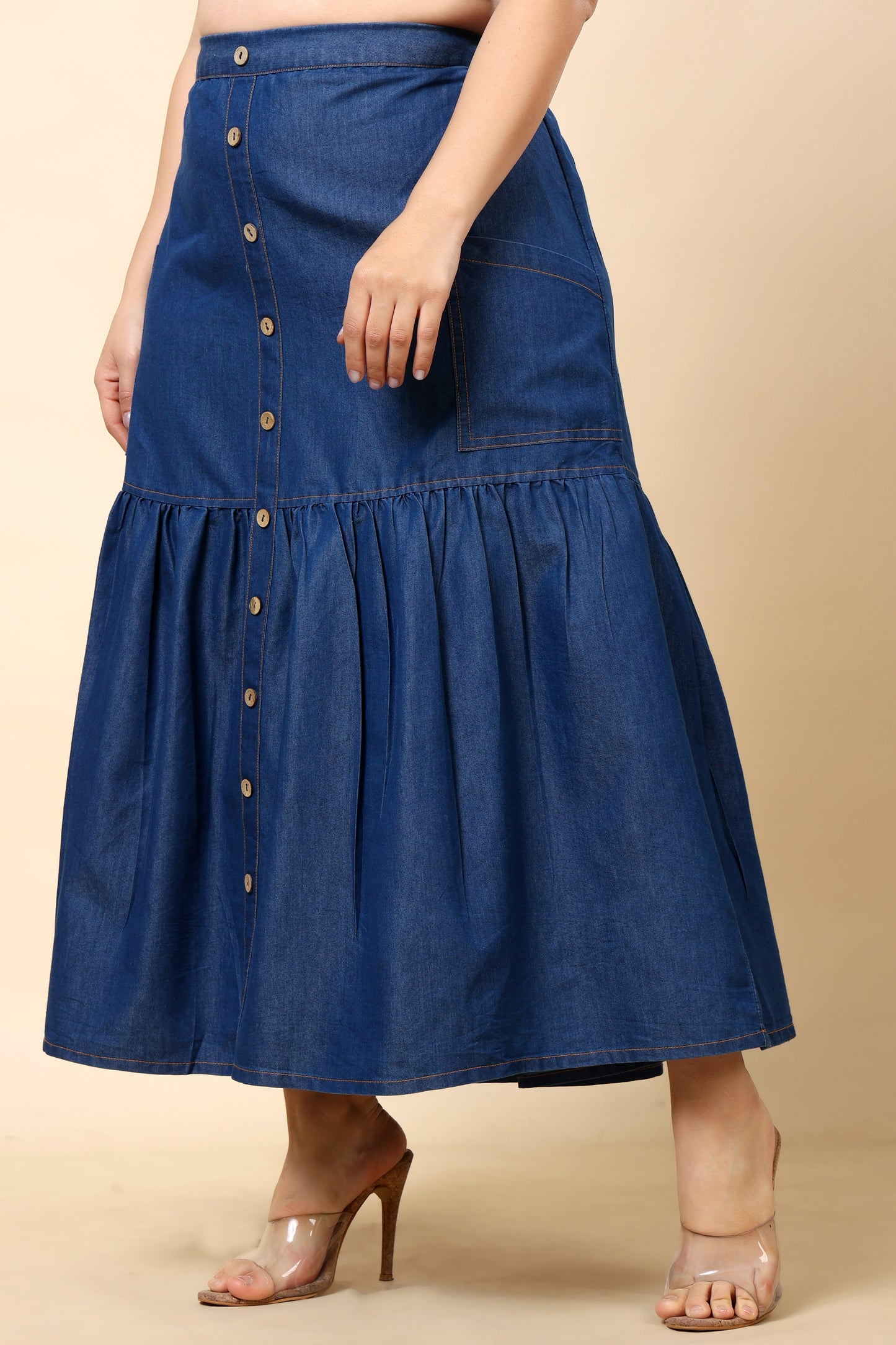 Denim Button-Front Maxi Skirt with Pockets (Sizes S to 6XL)