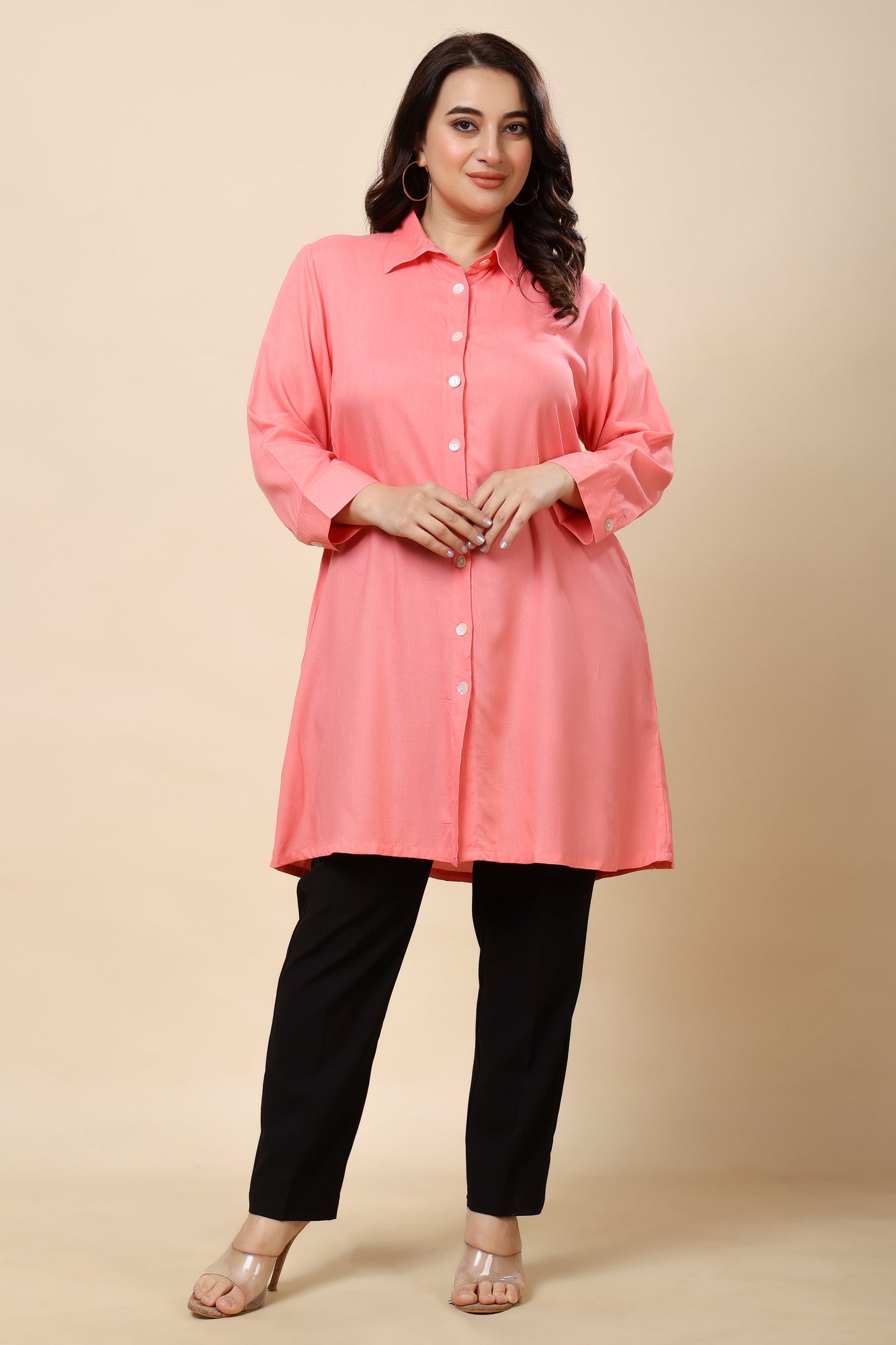 Peach Button-Down Shirt Tunic for Women (Sizes S to 6XL)