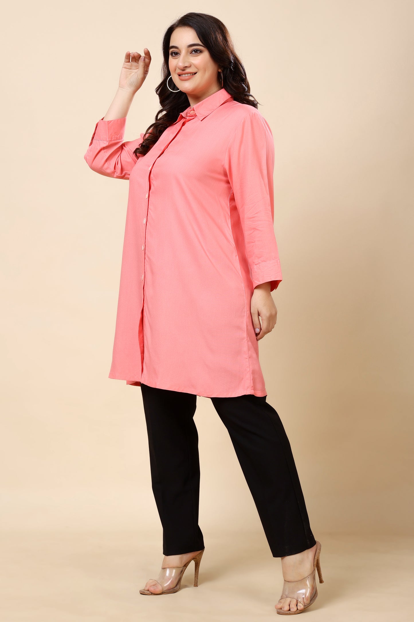 Peach Button-Down Shirt Tunic for Women (Sizes S to 6XL)