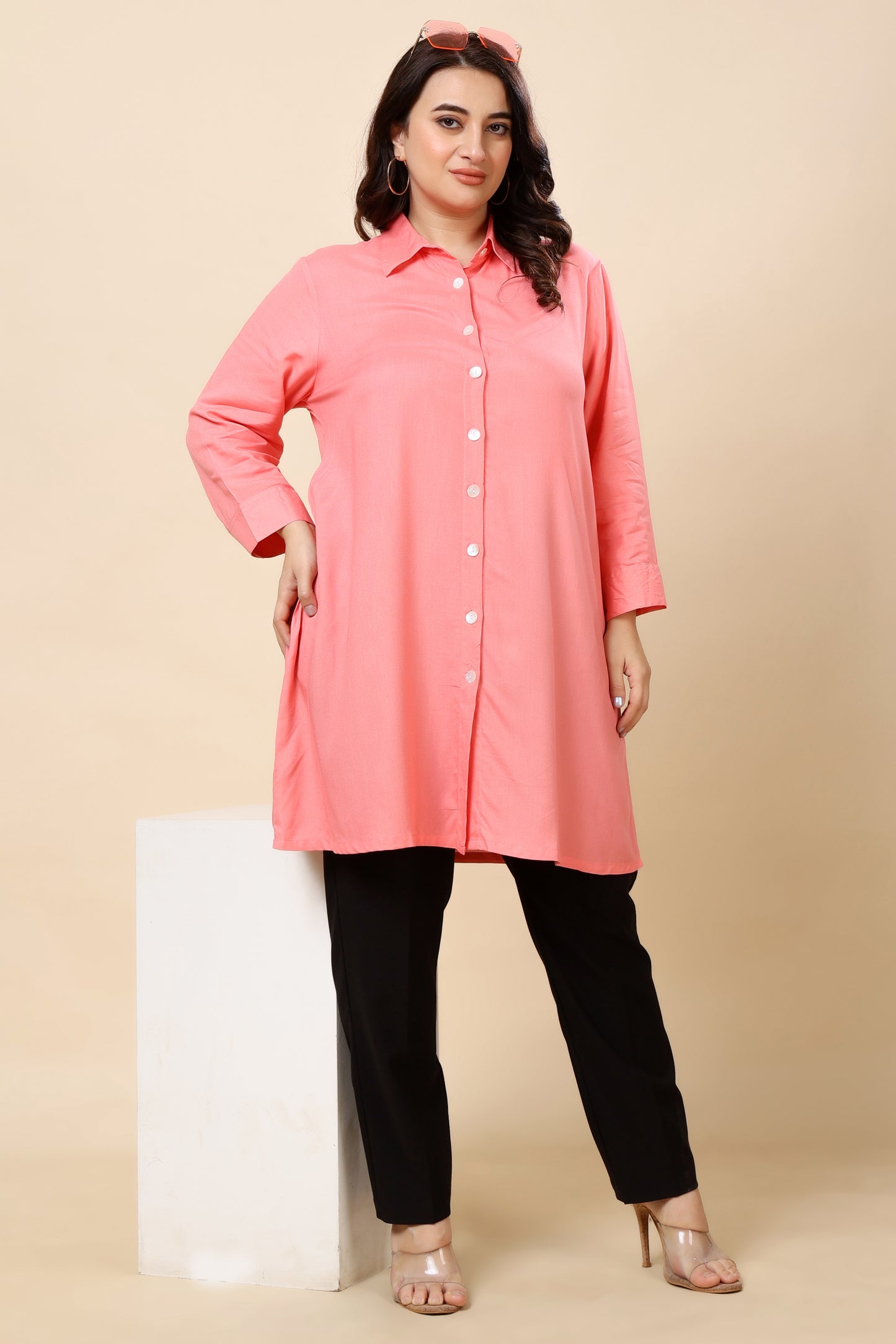 Peach Button-Down Shirt Tunic for Women (Sizes S to 6XL)
