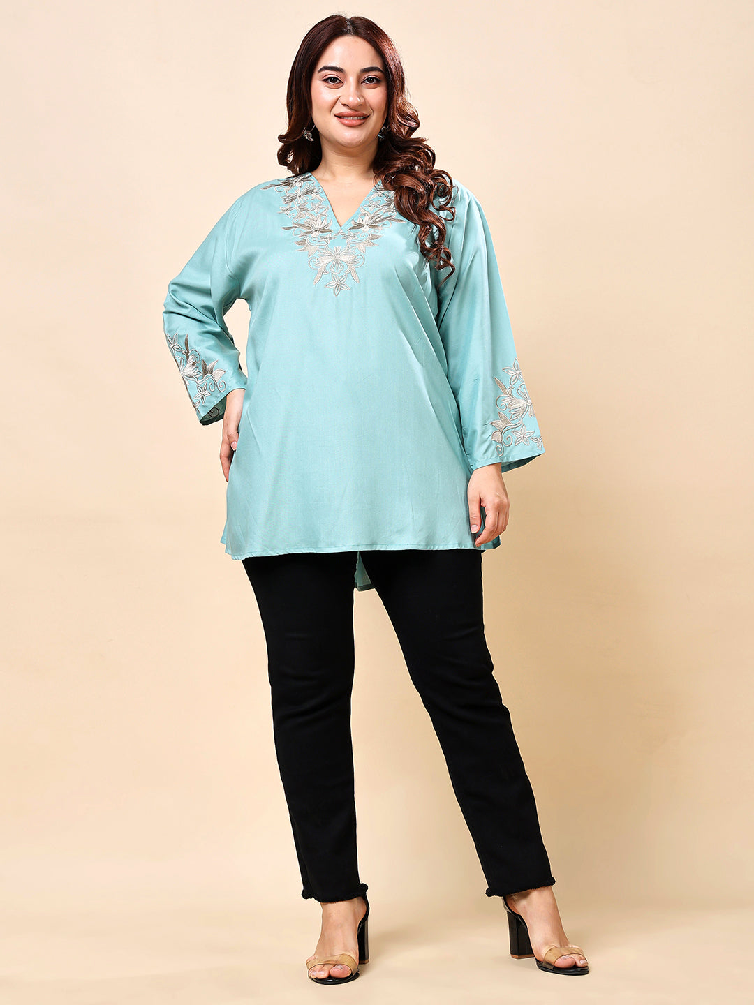 Aqua Blue Plus Size Embroidered Rayon Tunic Top for Women | Vaamii