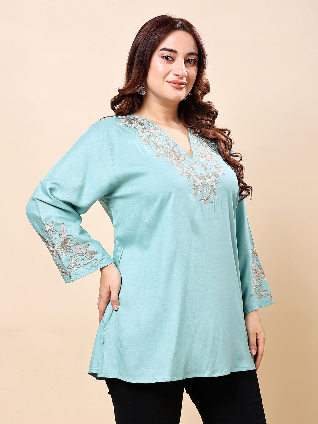 Aqua Blue Plus Size Embroidered Rayon Tunic Top for Women | Vaamii