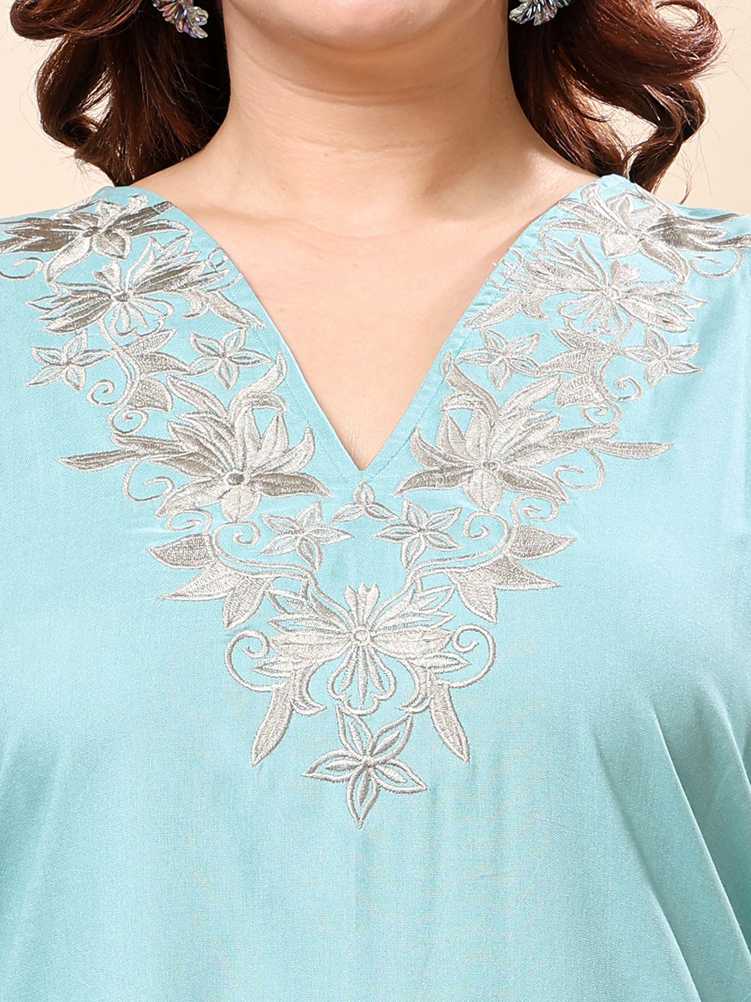 Aqua Blue Plus Size Embroidered Rayon Tunic Top for Women | Vaamii