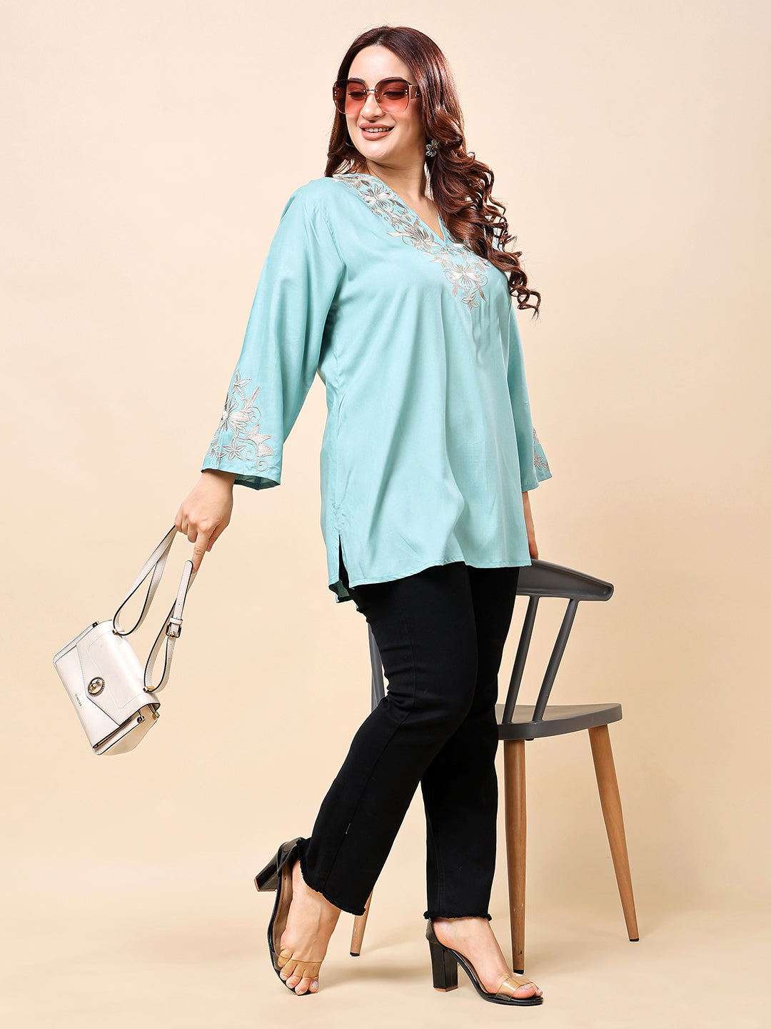 Aqua Blue Plus Size Embroidered Rayon Tunic Top for Women | Vaamii