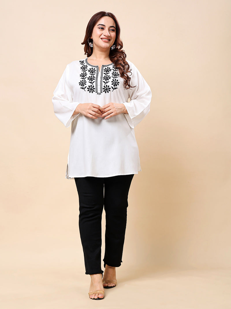 White Rayon Embroidered Tunic Top with Black Floral Work | Vaamii