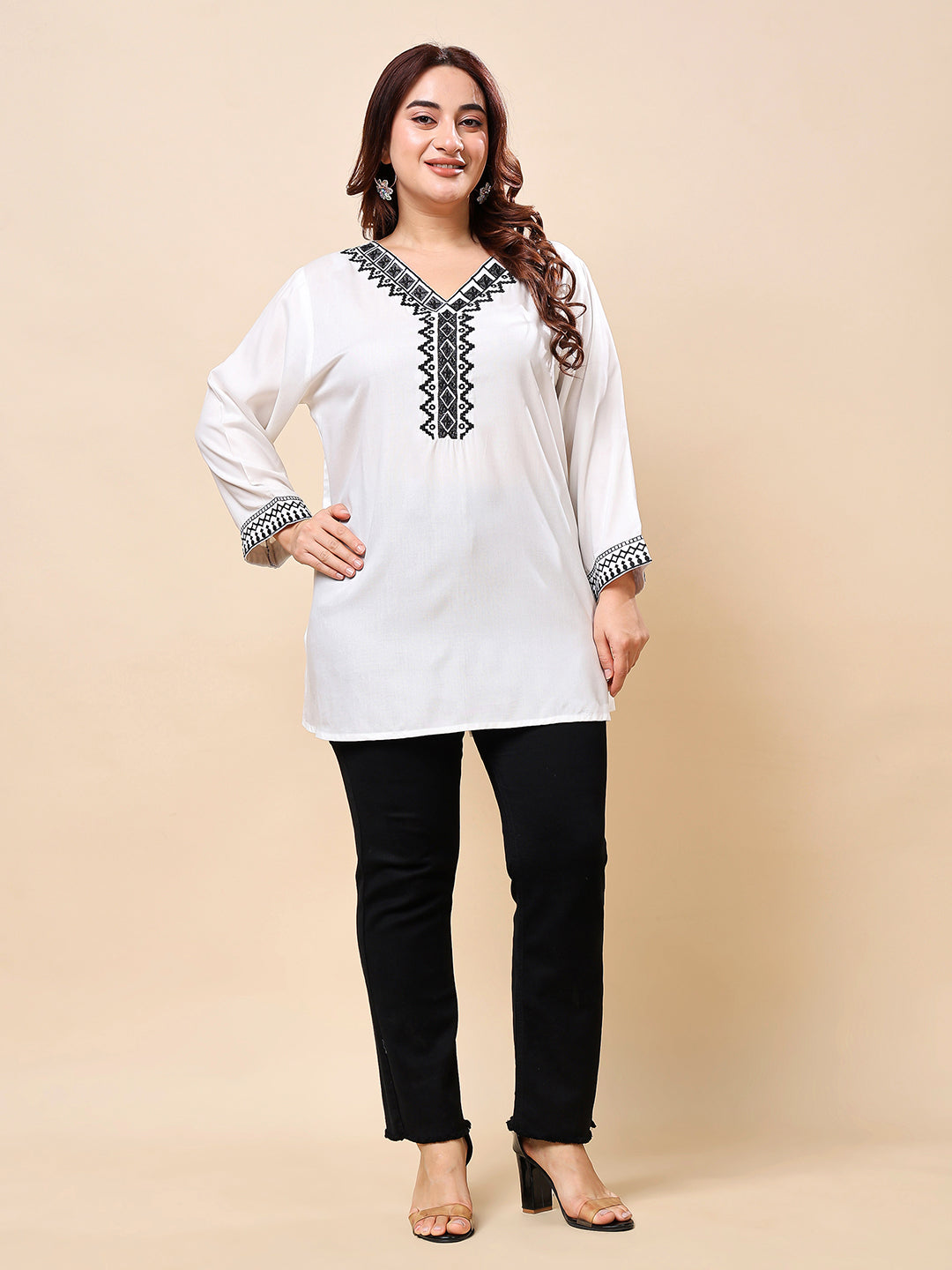 White Plus Size Embroidered Rayon Tunic Top for Women (XXL–6XL) | Vaamii