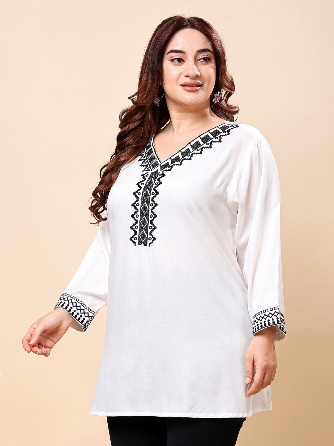 White Plus Size Embroidered Rayon Tunic Top for Women (XXL–6XL) | Vaamii