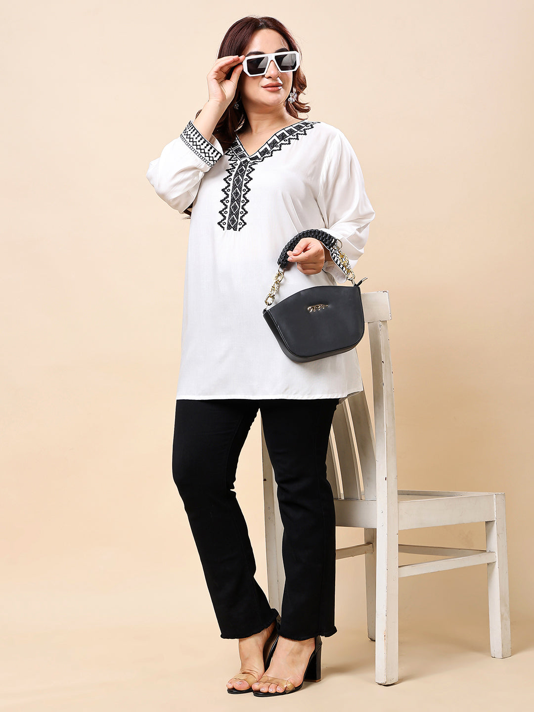 White Plus Size Embroidered Rayon Tunic Top for Women (XXL–6XL) | Vaamii