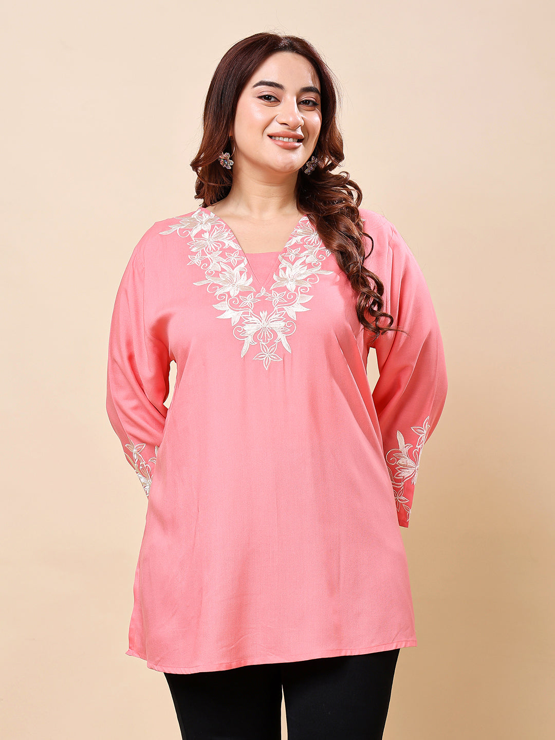Pink Plus Size Embroidered Rayon Tunic Top for Women | Vaamii