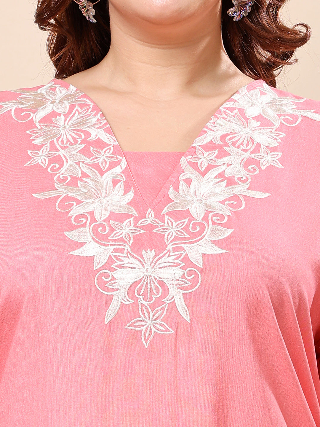 Pink Plus Size Embroidered Rayon Tunic Top for Women | Vaamii
