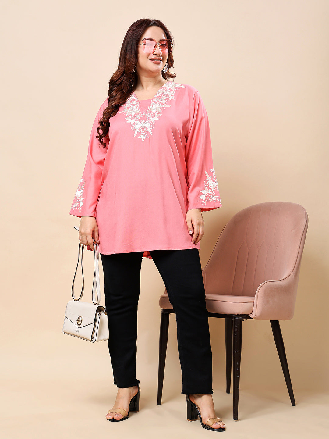 Pink Plus Size Embroidered Rayon Tunic Top for Women | Vaamii