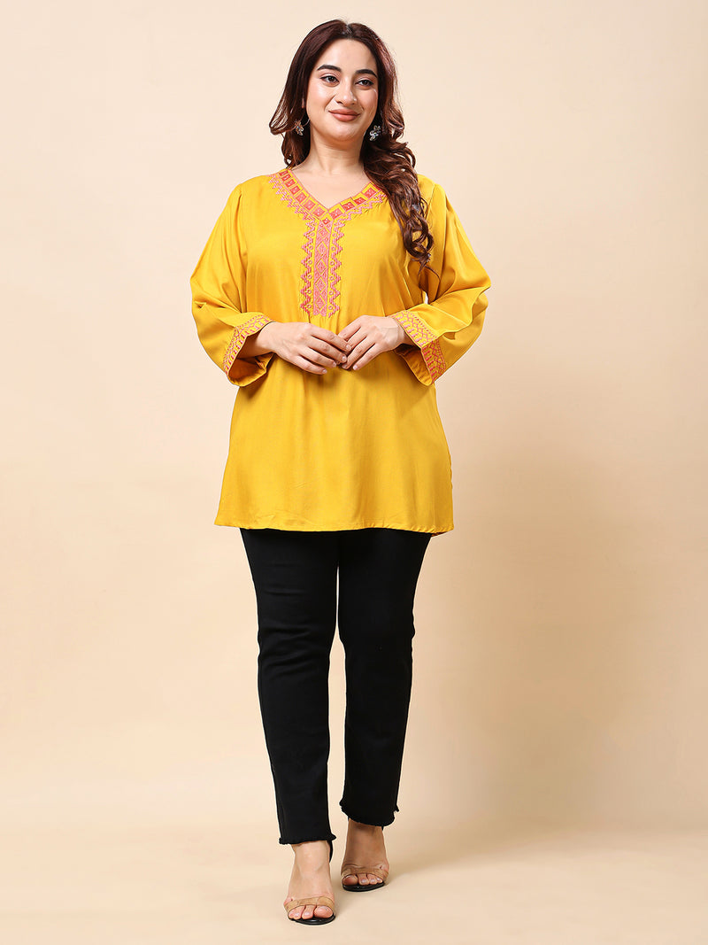 Yellow Plus Size Embroidered Rayon Tunic Top for Women| Vaamii