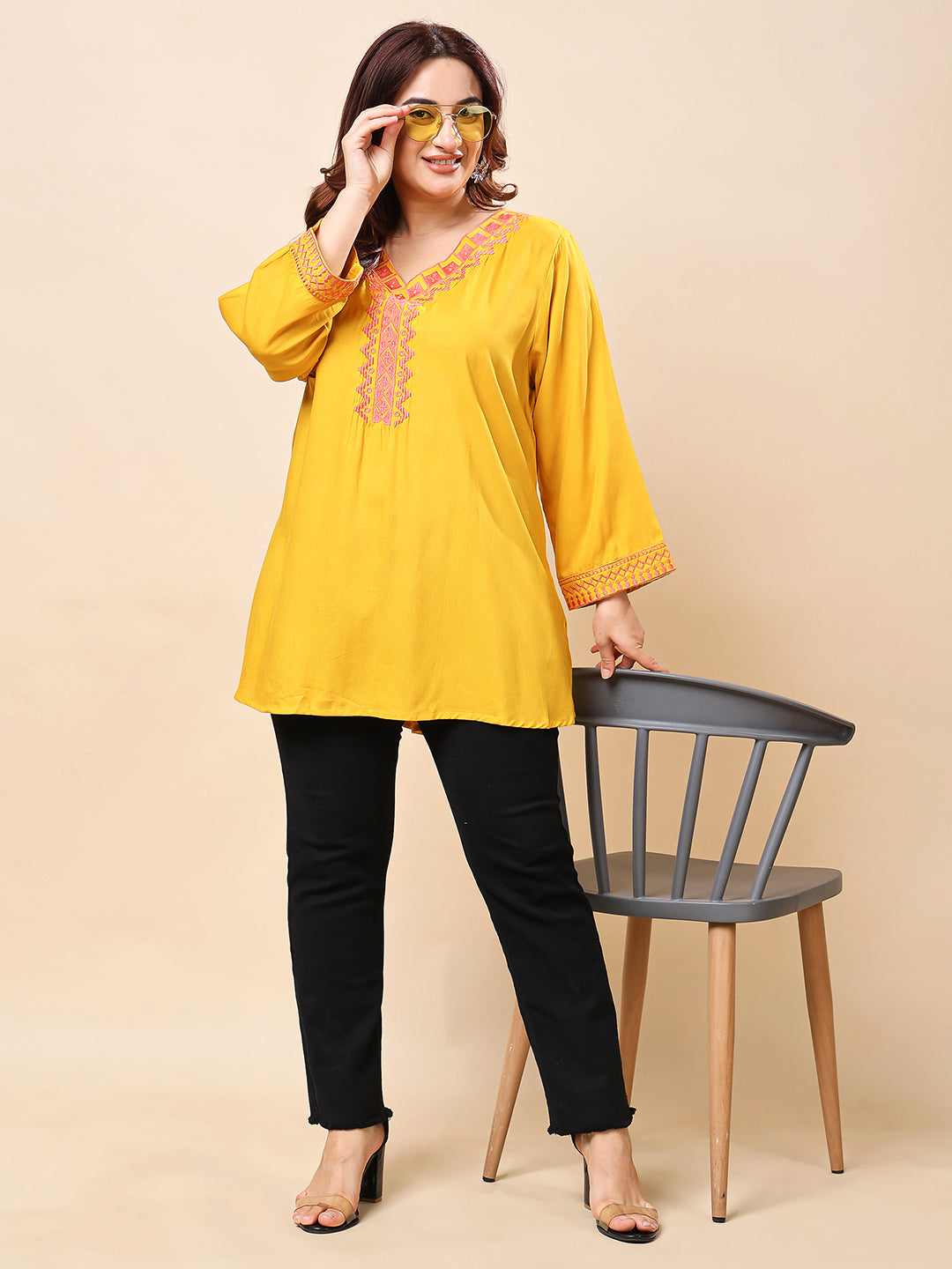 Yellow Plus Size Embroidered Rayon Tunic Top for Women| Vaamii
