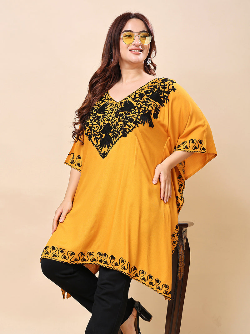 Mustard Yellow Plus Size Kaftan-Style Embroidered Rayon Tunic for Women | Vaamii