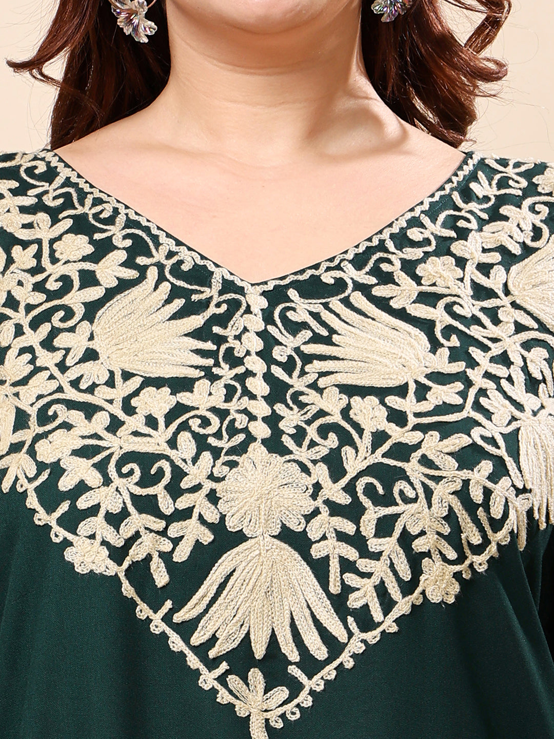 Dark Green Plus Size Kaftan-Style Embroidered Rayon Tunic for Women | Vaamii
