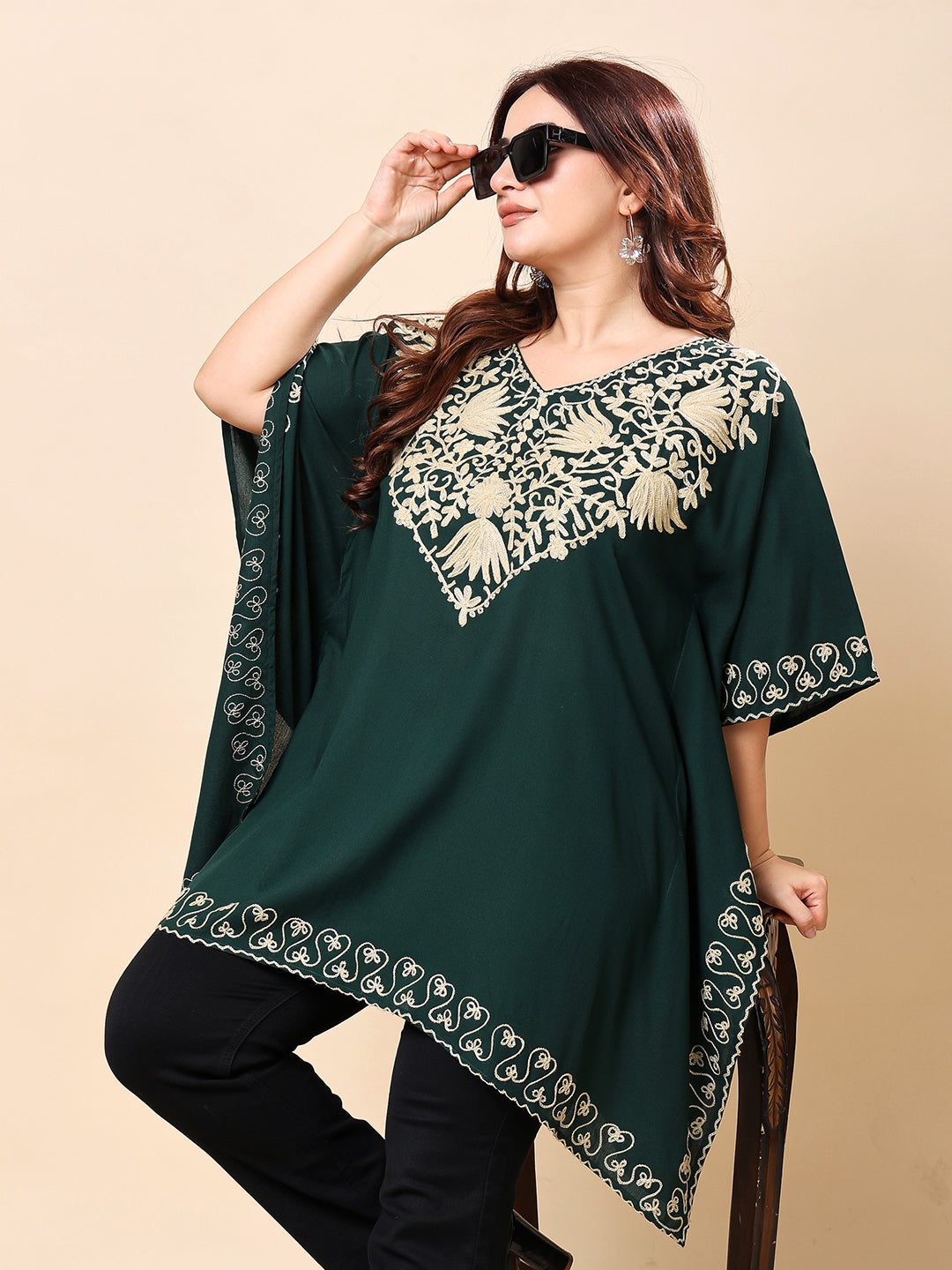 Dark Green Plus Size Kaftan-Style Embroidered Rayon Tunic for Women | Vaamii