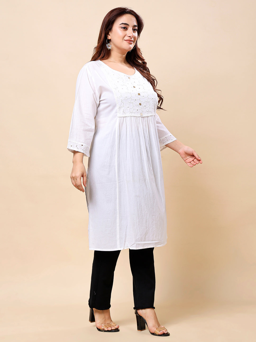 White Plus Size Long Rayon Kurti-Style Embroidered Tunic for Women | Vaamii