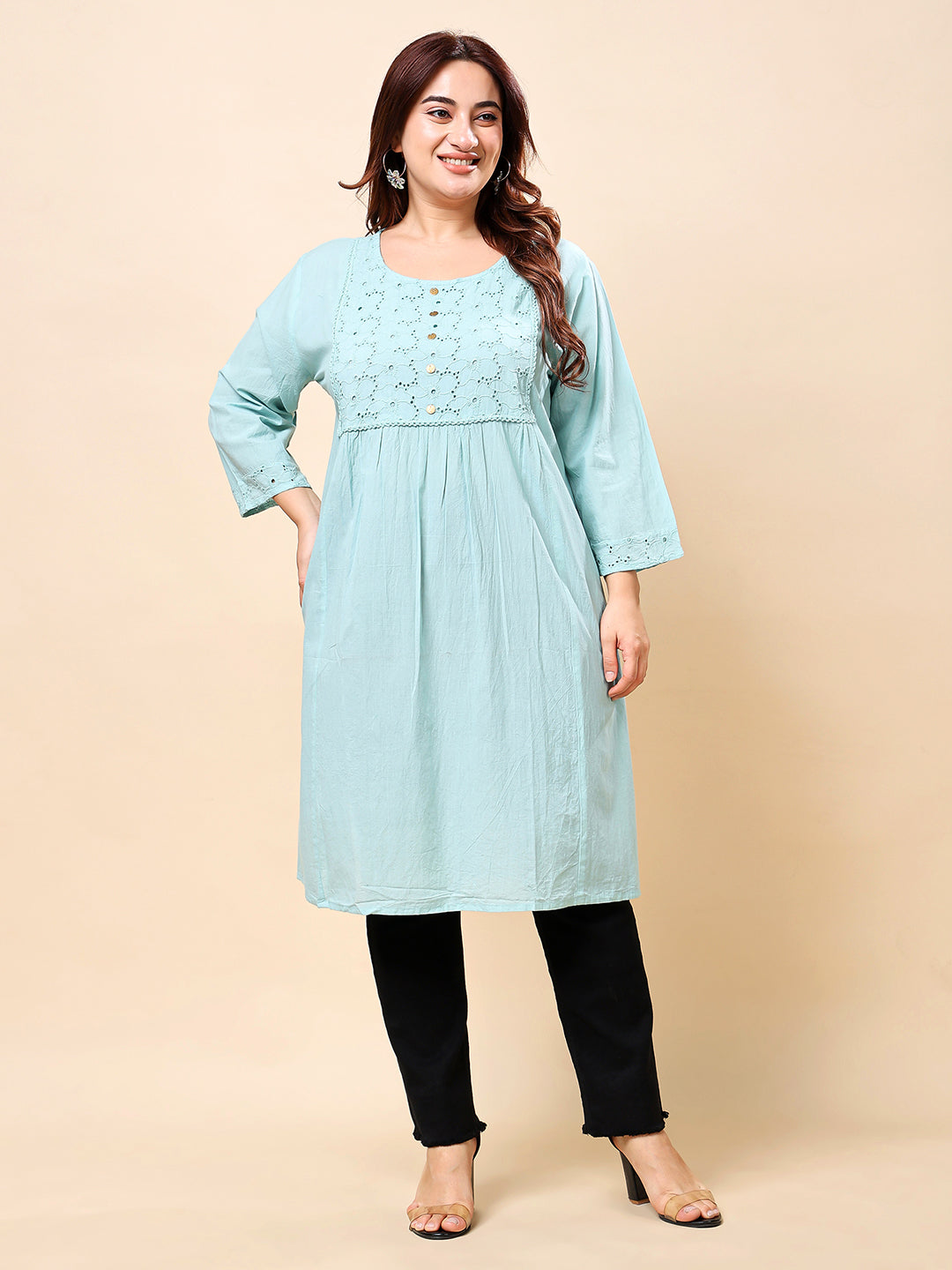Light Blue Plus Size Long Cotton Kurti-Style Embroidered Tunic for Women | Vaamii