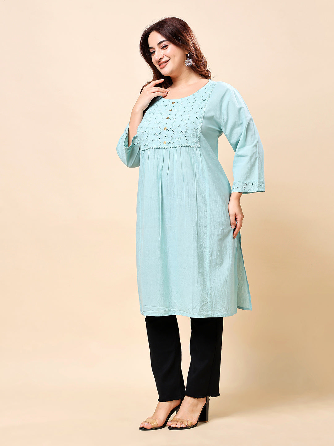 Light Blue Plus Size Long Cotton Kurti-Style Embroidered Tunic for Women | Vaamii