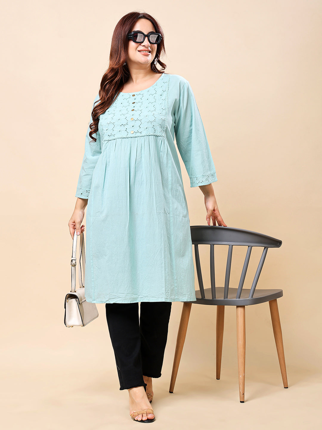 Light Blue Plus Size Long Cotton Kurti-Style Embroidered Tunic for Women | Vaamii