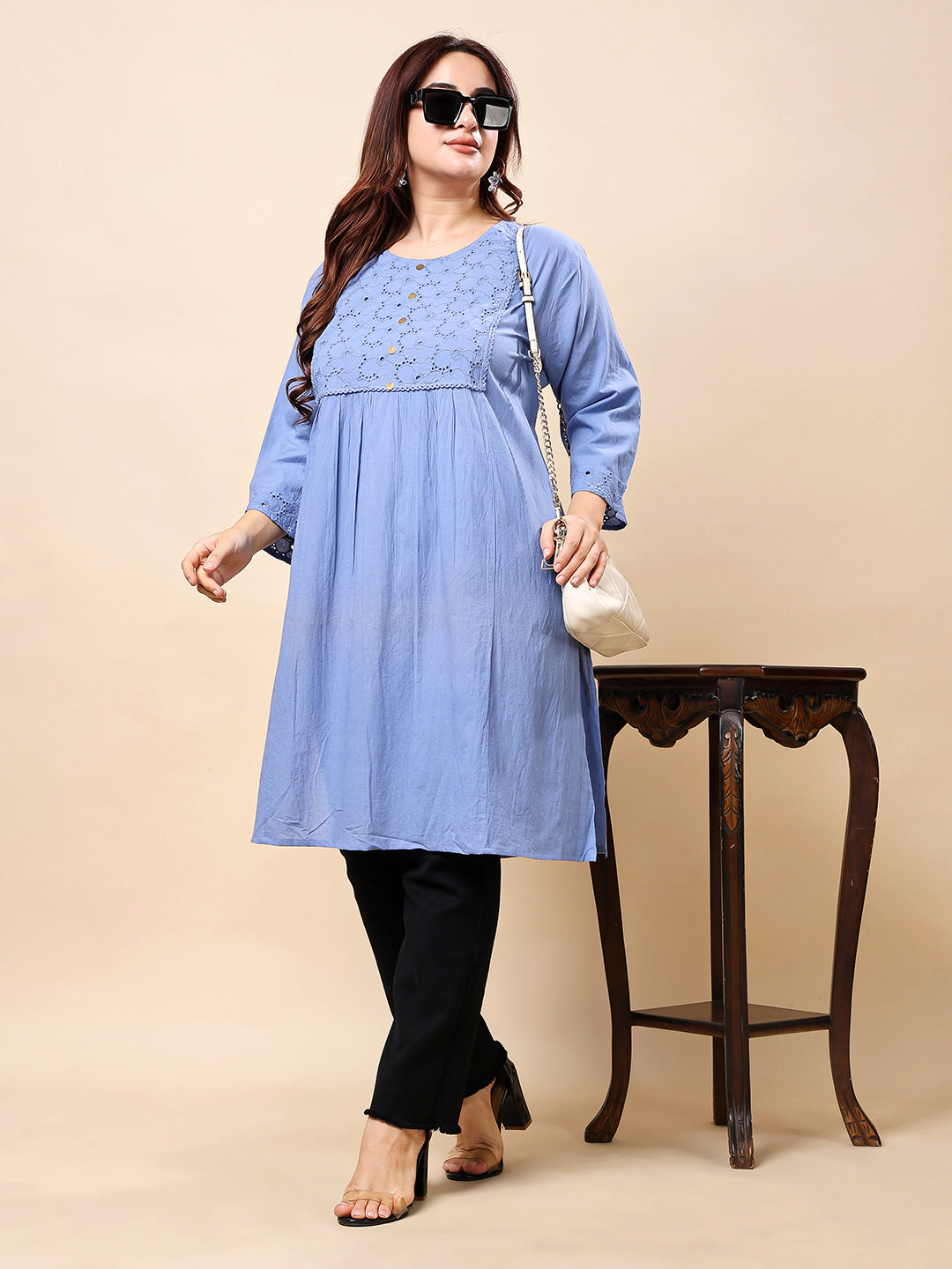 Light Blue Cotton Long Kurti-Style Embroidered Tunic for Women | Vaamii