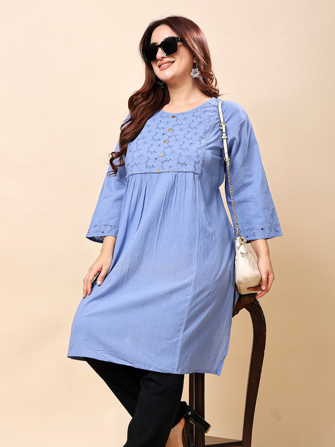 Light Blue Cotton Long Kurti-Style Embroidered Tunic for Women | Vaamii