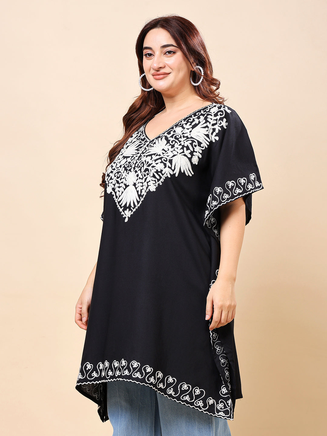 Black & White Floral Embroidered Tunic | Vaamii