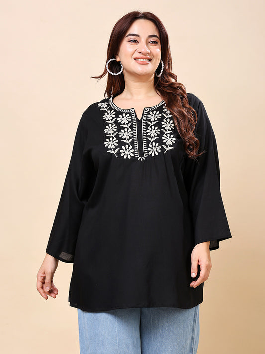 Black Embroidered Rayon Tunic Top | Vaamii