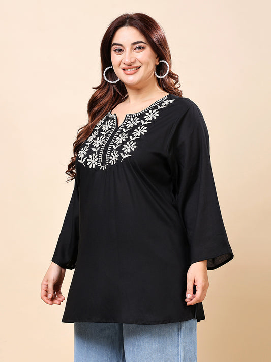 Black Embroidered Rayon Tunic Top | Vaamii