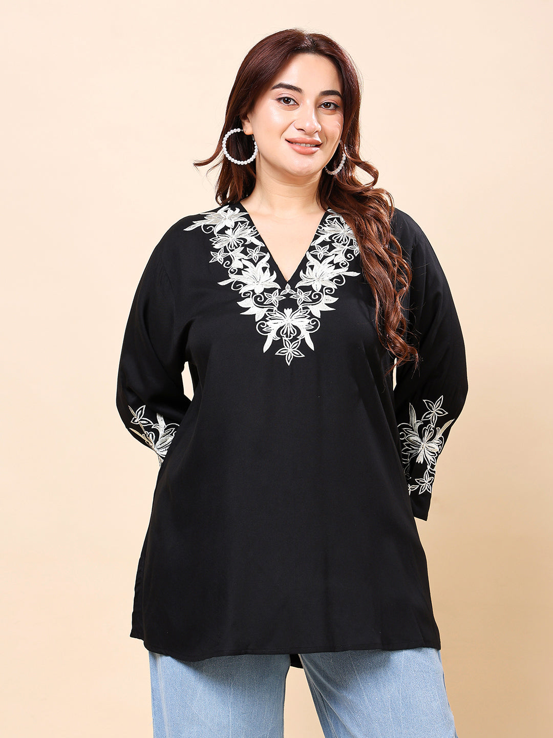 Black V-Neck Embroidered Rayon Tunic Top | Vaamii