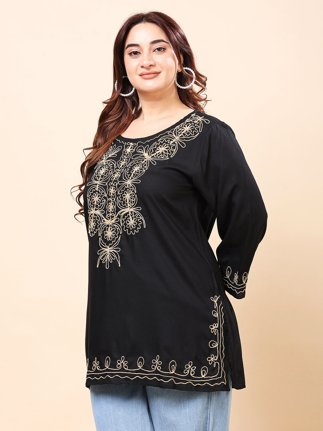 Black Golden Embroidered Rayon Tunic Top| Vaamii