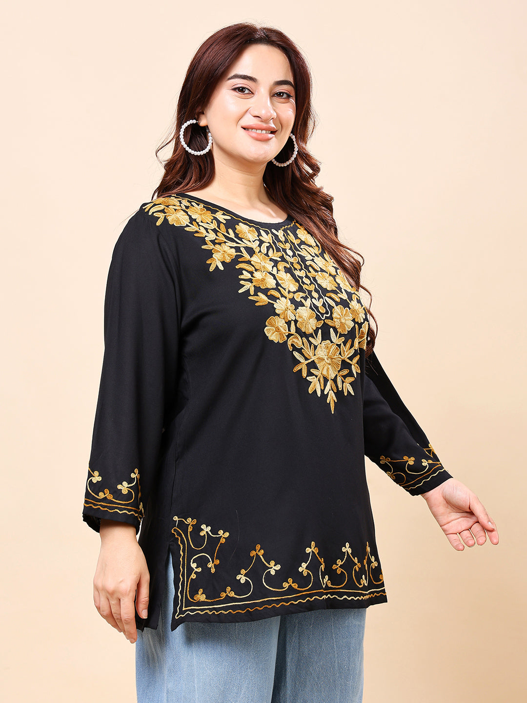 Black Heavy Golden Embroidered Rayon Tunic Top | Vaamii