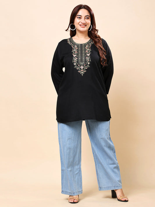 Black Multicolor Embroidered Rayon Tunic Top | Vaamii
