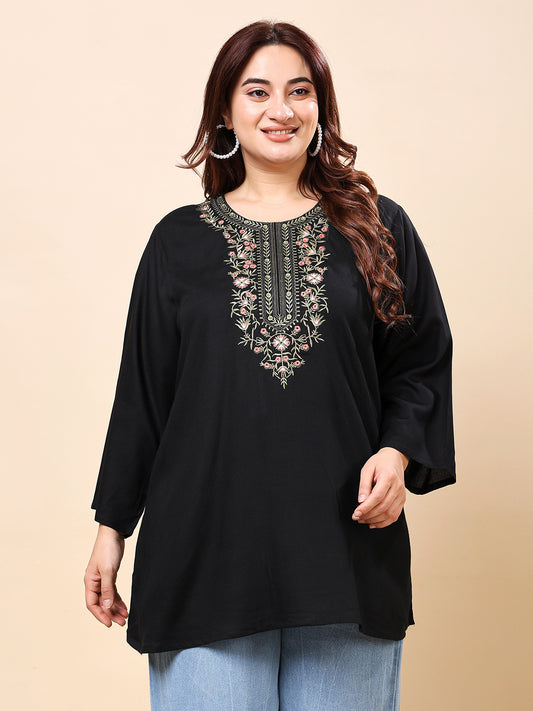 Black Multicolor Embroidered Rayon Tunic Top | Vaamii