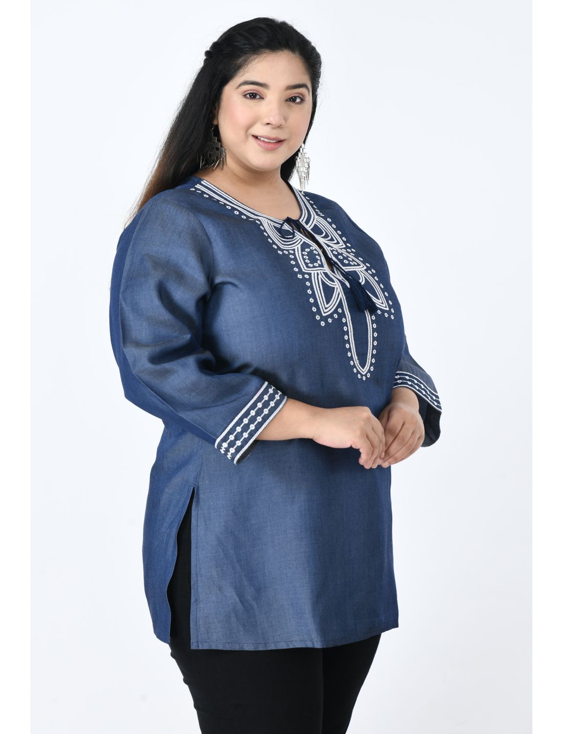 Indigo Denim Embroidered Neckline Top for Women | Vaamii