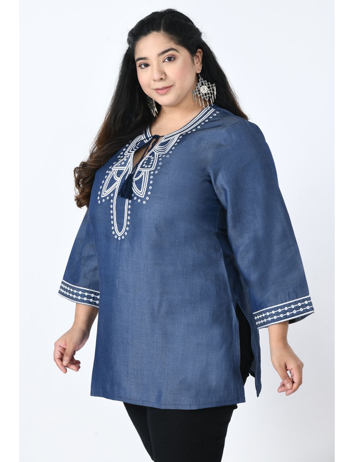 Indigo Denim Embroidered Neckline Top for Women | Vaamii