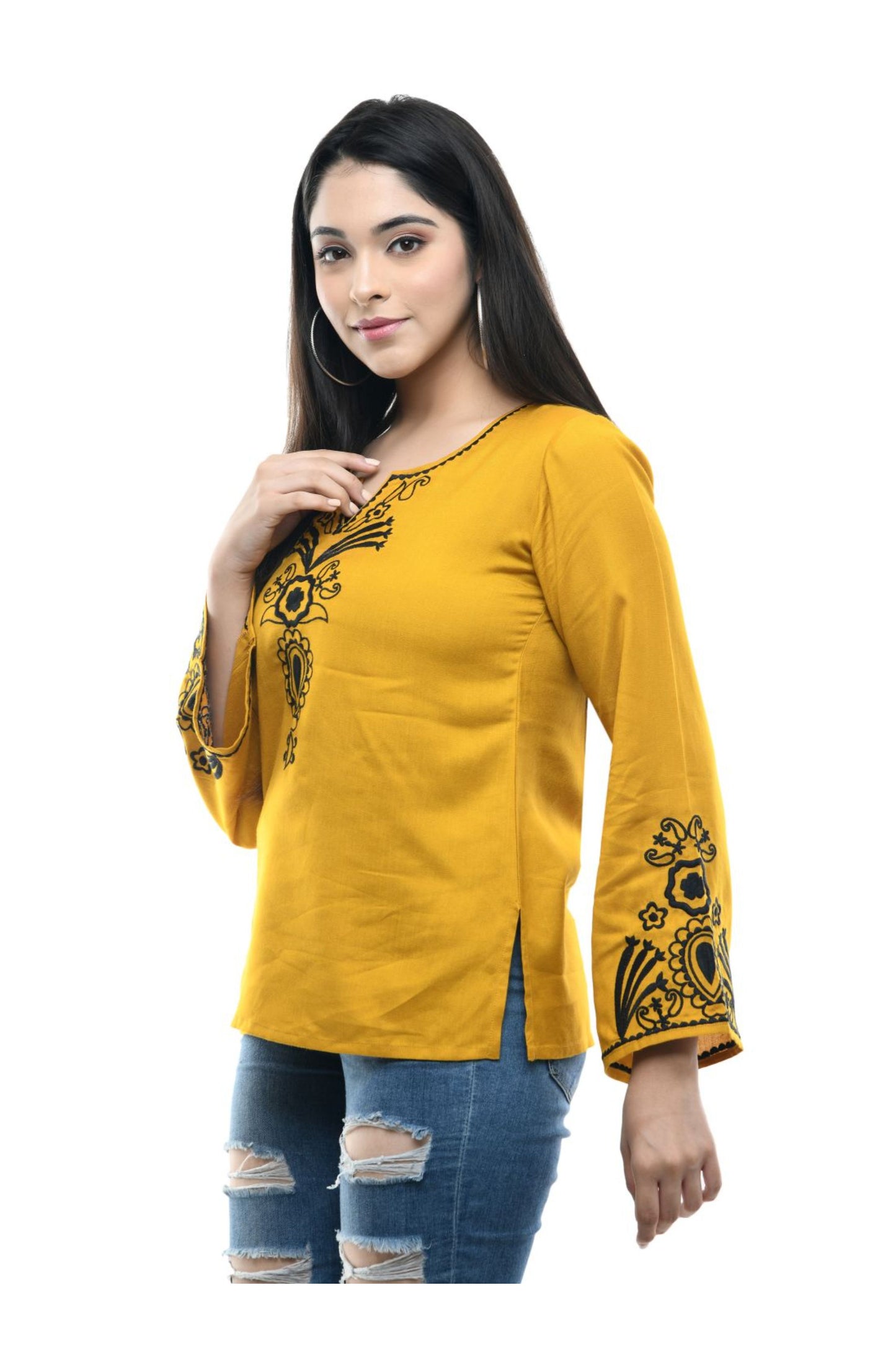 Mustard Floral Embroidered Tunic Top | Vaamii