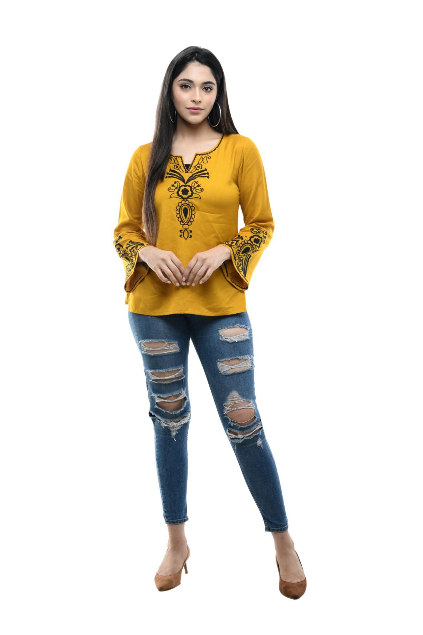 Mustard Floral Embroidered Tunic Top | Vaamii